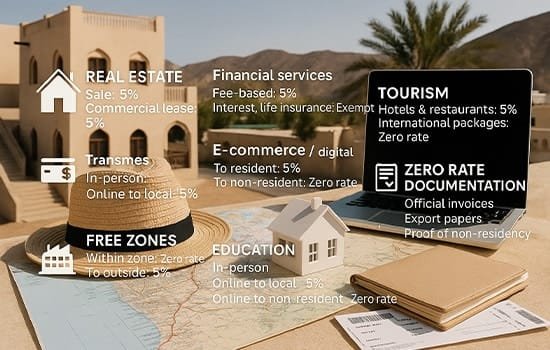 عرض بصري لتطبيقات ضريبة القيمة المضافة في قطاعات الاقتصاد العماني مثل العقارات، السياحة، التعليم، والتجارة الإلكترونية