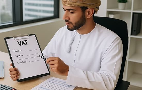 موظف عماني يراجع تفاصيل الإقرار الضريبي لضريبة القيمة المضافة