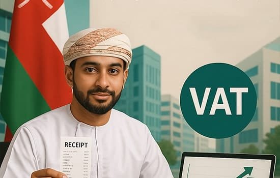 رجل عُماني بالزي التقليدي يحمل إيصال ضريبي، مع شعار VAT والعلم العُماني في الخلفية